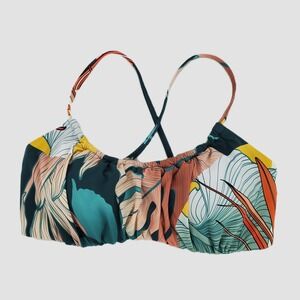 CALIA Womens Small Tropical Floral Ruched Bikini Top Teal Orange Crossback Swim